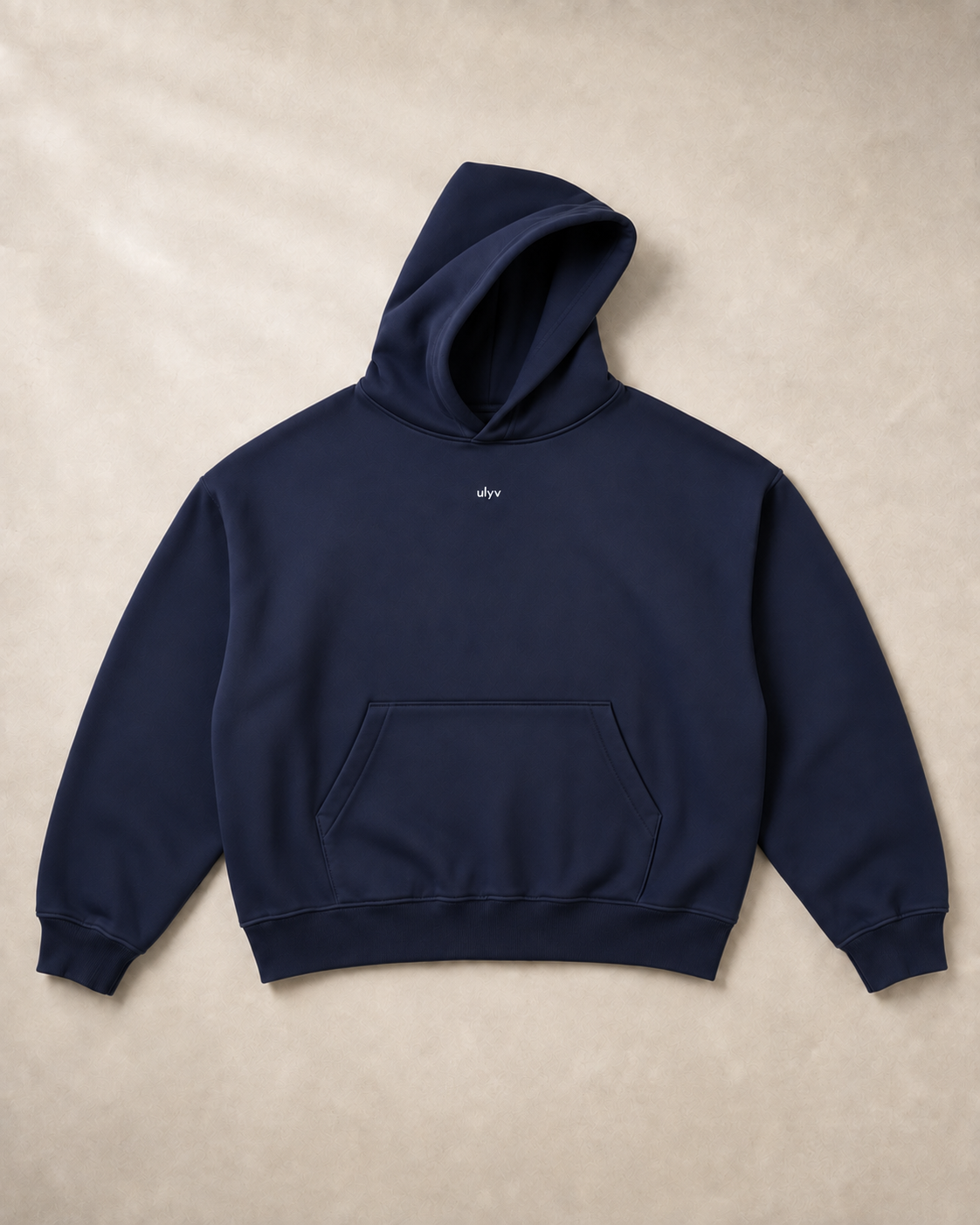 ULYV Navy Essential Hoodie product-only studio view
