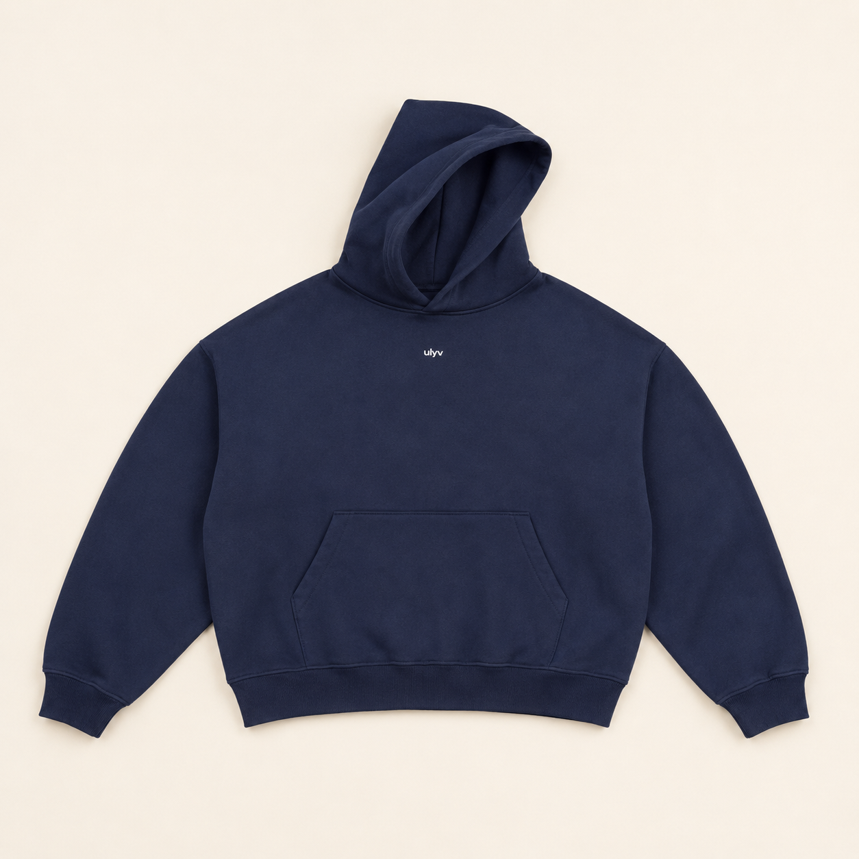 ULYV navy Essential Hoodie studio view