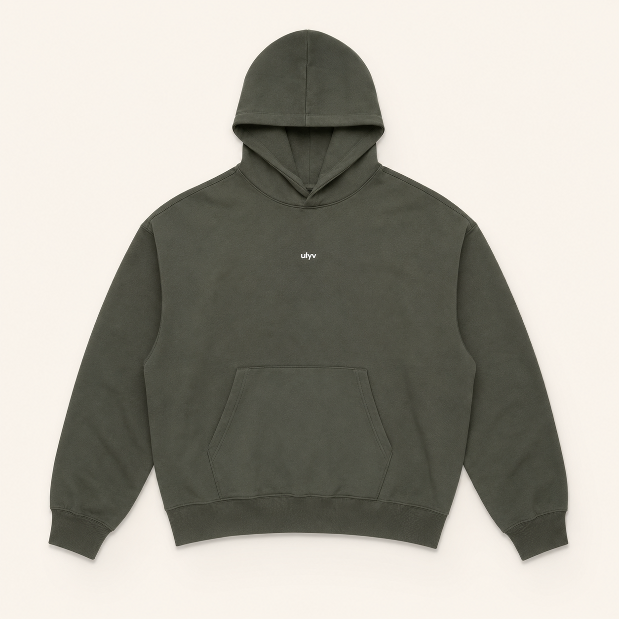 ULYV olive Essential Hoodie studio view
