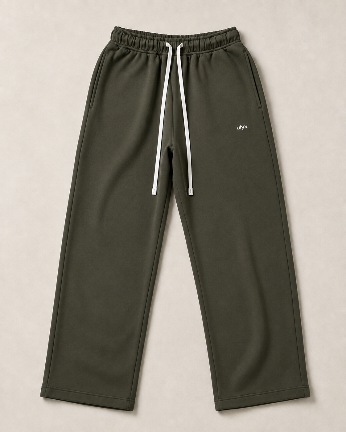 Olive ULYV Essential Sweatpants alone, full product studio view