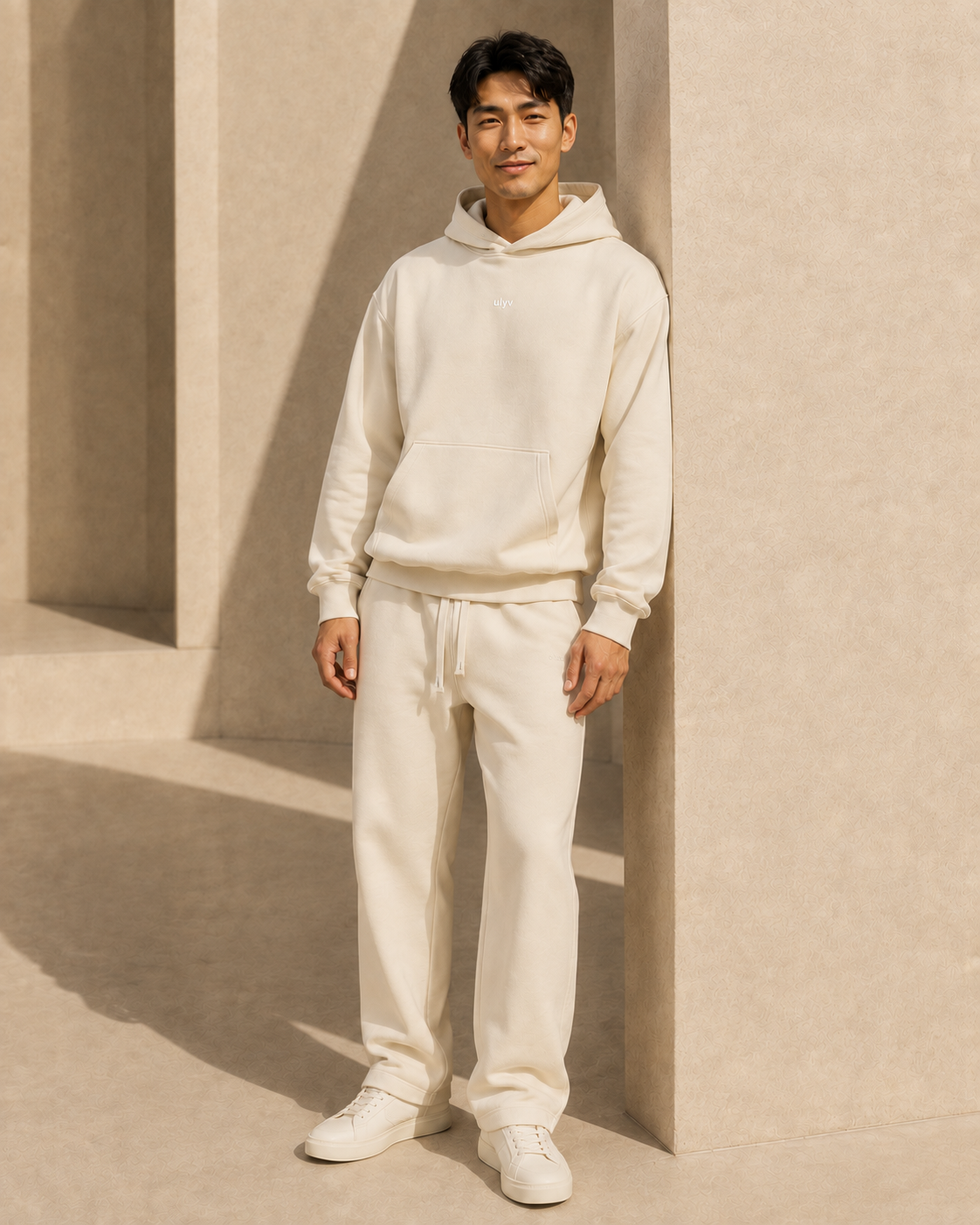 Cream ULYV matching hoodie and sweatpants on an adult male model, full length view