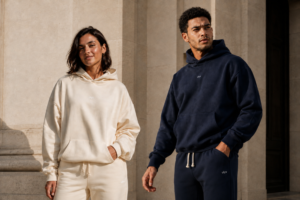 Models wearing the ULYV Essential Hoodie in cream and navy against a limestone backdrop