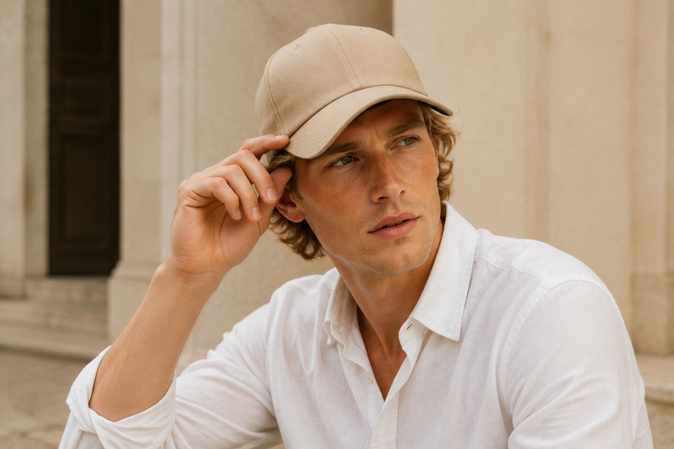 Hats concept preview on an adult model in a limestone setting