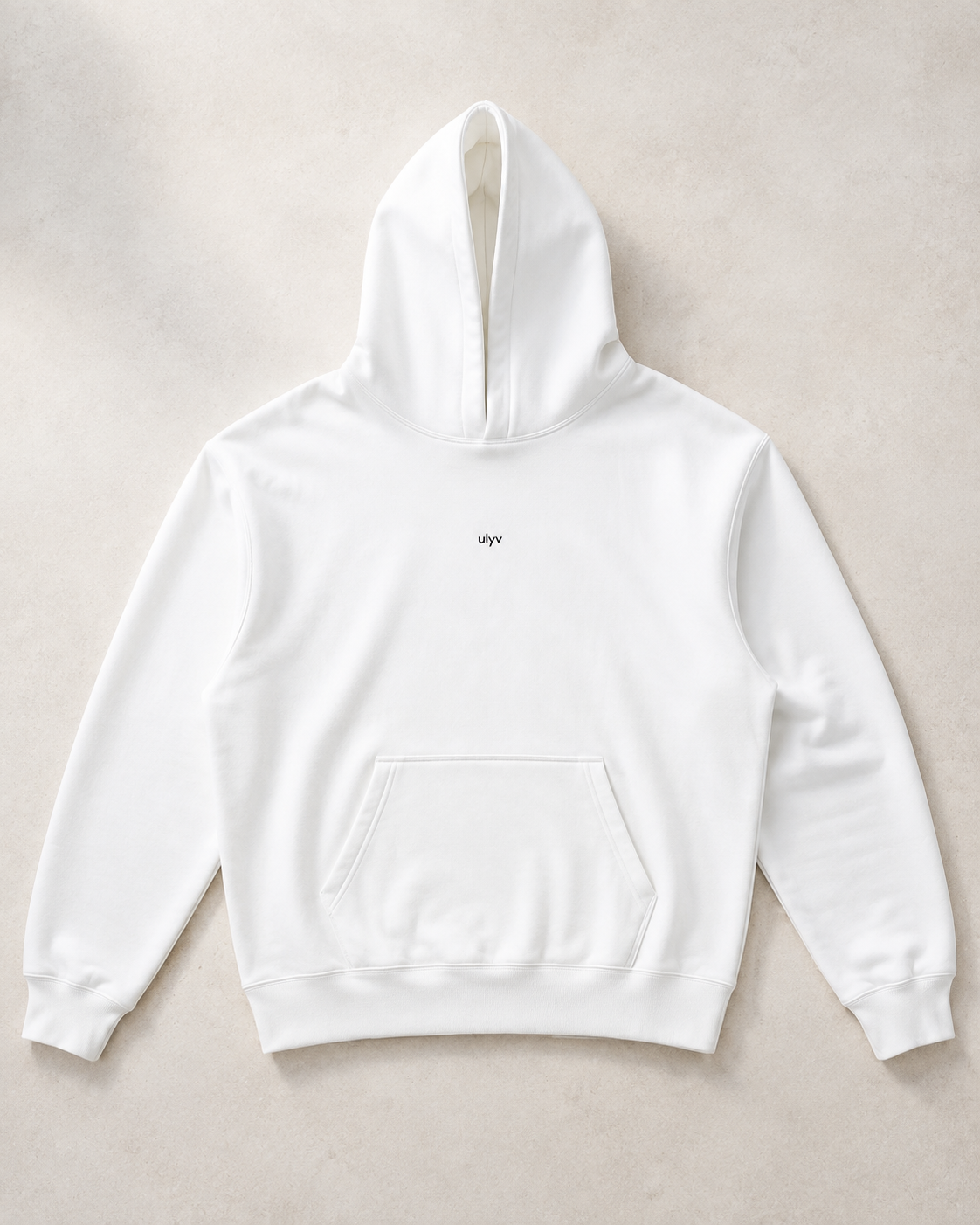 ULYV White Essential Hoodie product-only studio view
