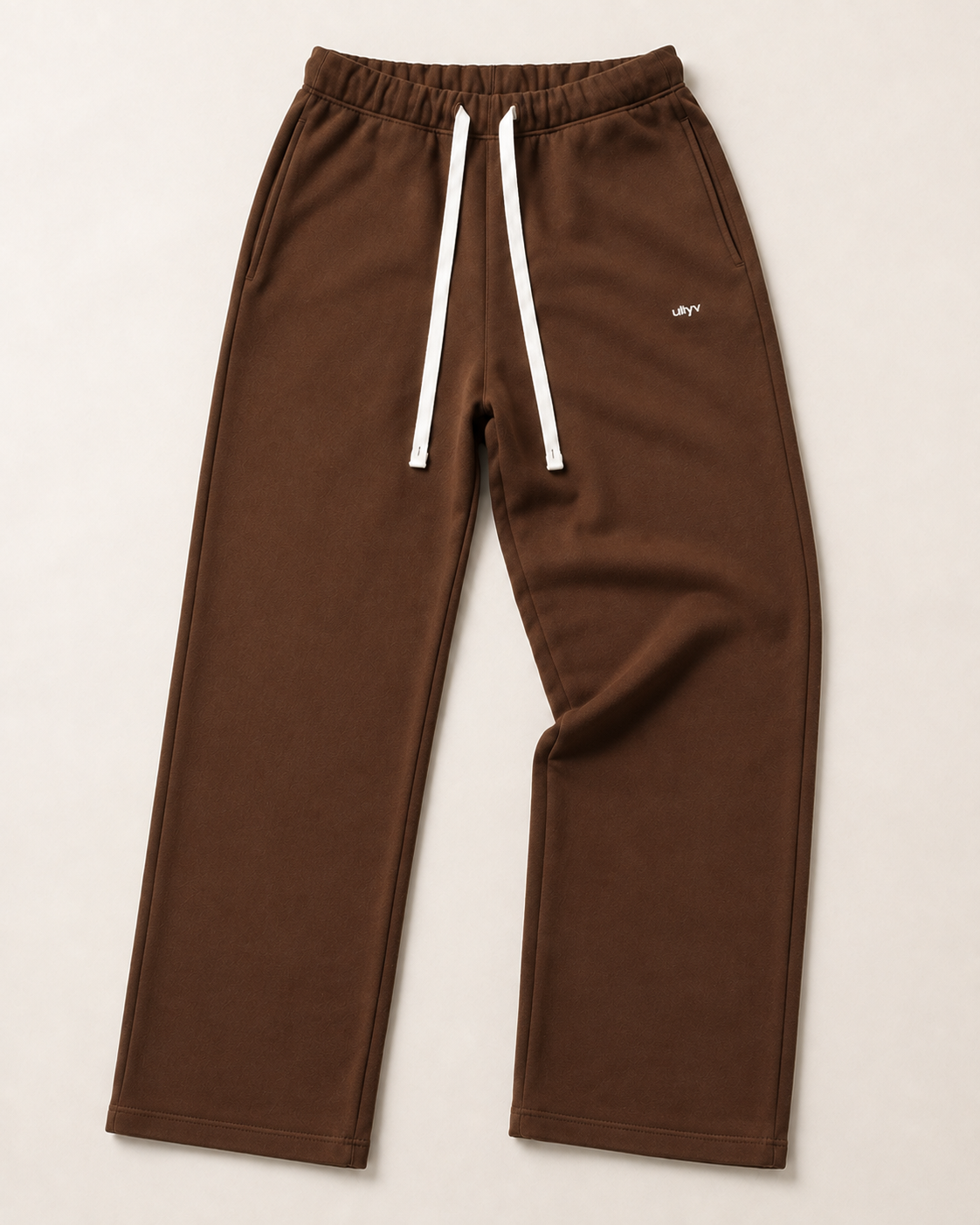 Brown ULYV Essential Sweatpants alone, full product studio view