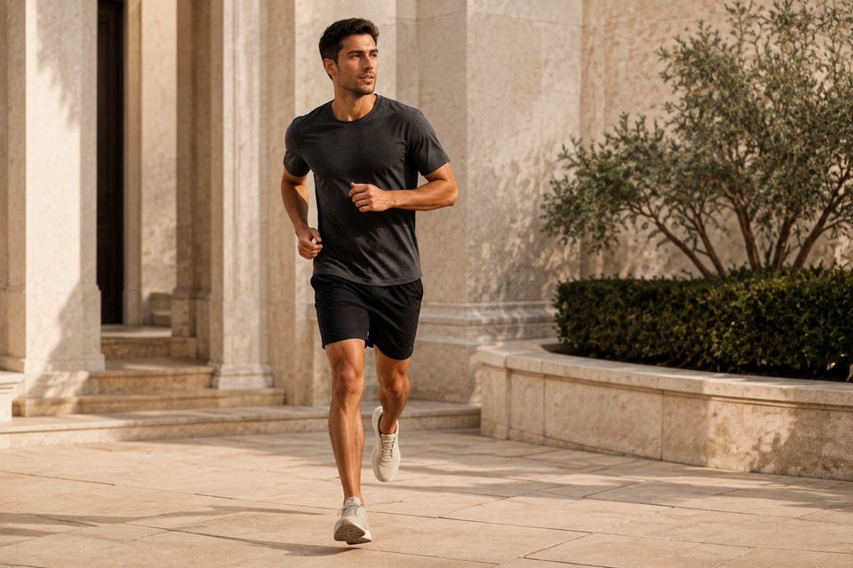Sportswear concept preview on an adult model in a limestone setting