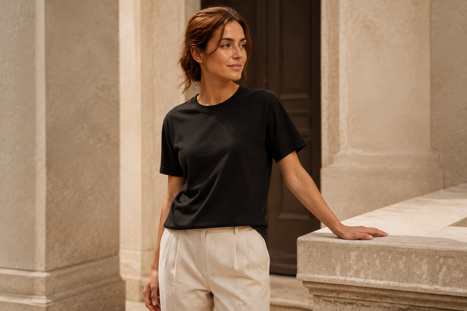 Tees concept preview on an adult model in a limestone setting