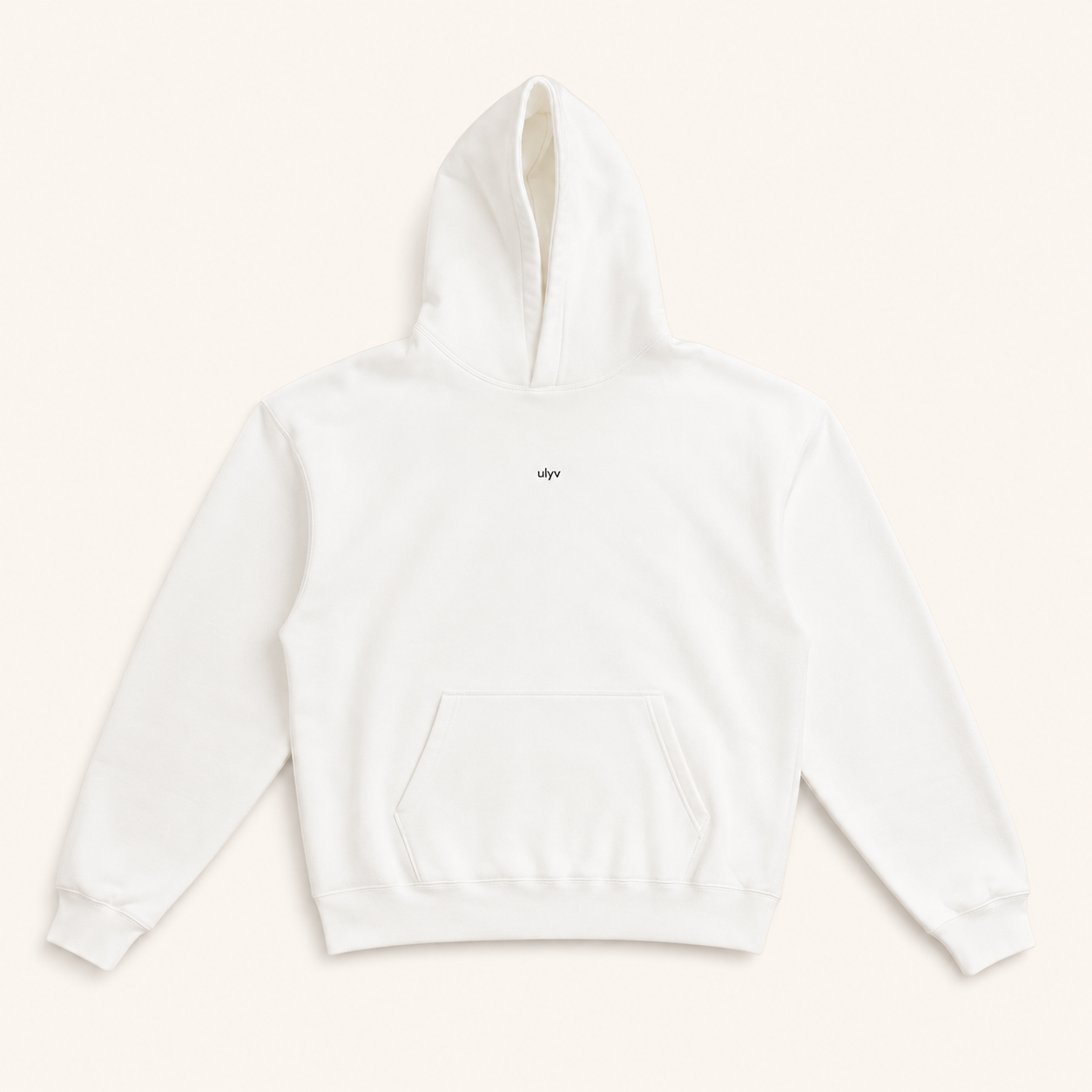 ULYV white Essential Hoodie studio view